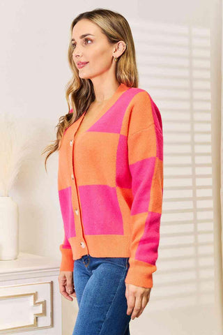 Woven Right Checkered V-Neck Dropped Shoulder Cardigan - Closet of Ren