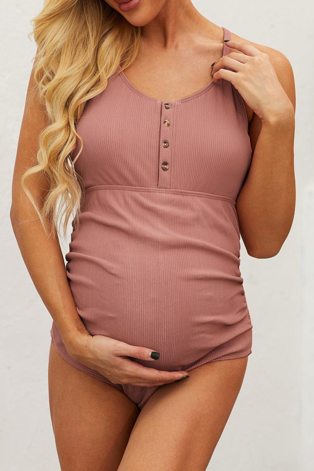 Ribbed Spaghetti Strap One-Piece Maternity Swimsuit - Closet of Ren