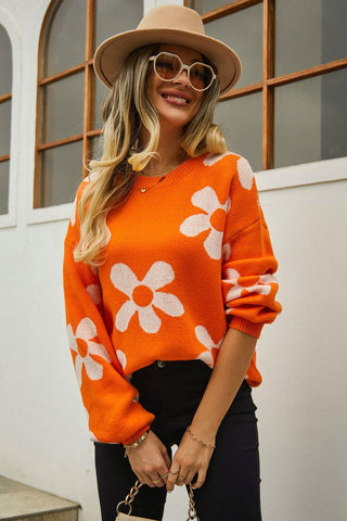 Floral Print Round Neck Dropped Shoulder Pullover Sweater - Closet of Ren