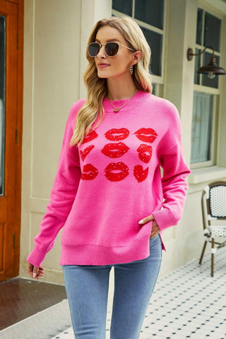 Woven Right Lip Graphic Slit Dropped Shoulder Sweater - Closet of Ren