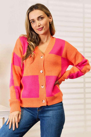 Woven Right Checkered V-Neck Dropped Shoulder Cardigan - Closet of Ren