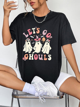 Round Neck Short Sleeve LET'S GO GHOULS Graphic T-Shirt - Closet of Ren