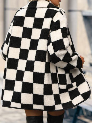 Chic Black and White Checkered Coat with Pockets