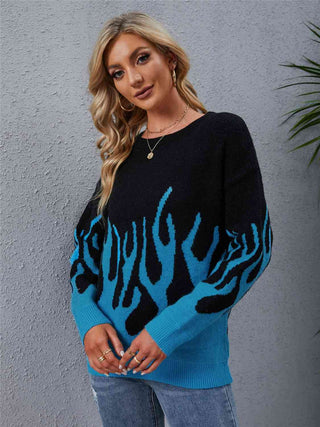 Flame Design Printed Round Neck Long Sleeve Sweater