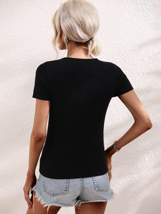 Cutout Round Neck Short Sleeve Knit Top - Closet of Ren