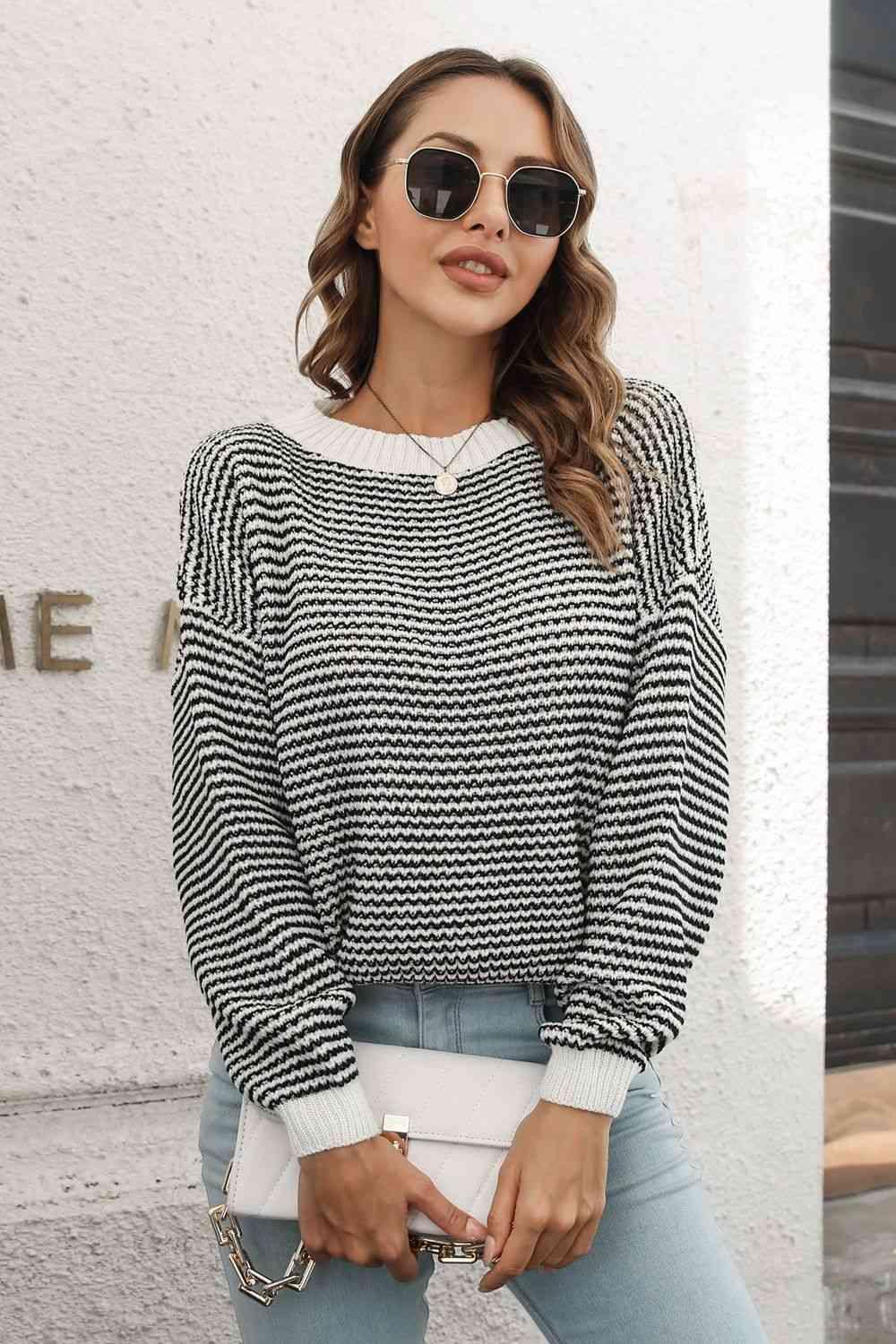 Striped Round Neck Dropped Shoulder Sweater - Closet of Ren