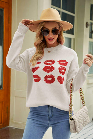 Woven Right Lip Graphic Slit Dropped Shoulder Sweater - Closet of Ren