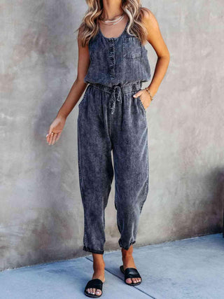 Drawstring Waist Sleeveless Denim Jumpsuit | Multiple Color Options - Closet of Ren