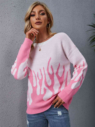 Flame Design Printed Round Neck Long Sleeve Sweater