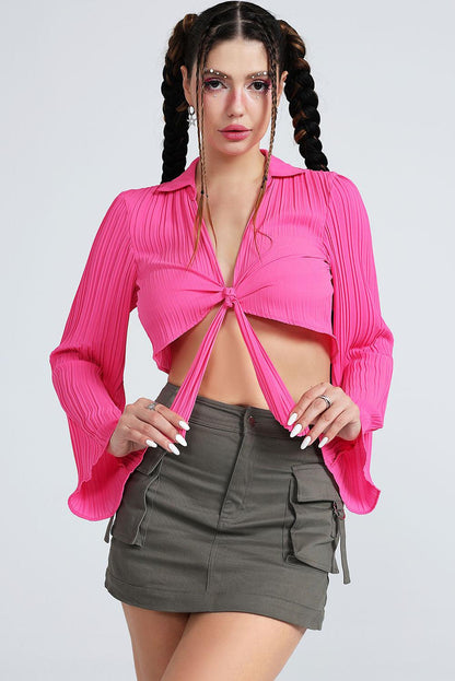 Tie Front Johnny Collar Flare Sleeve Cropped Top - Closet of Ren