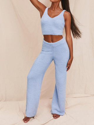 Fuzzy V-Neck Cropped Tank and Pants Set | Multiple Color Options