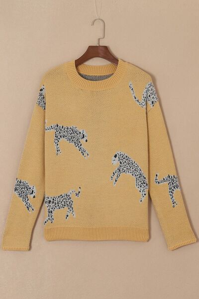 Animal Print Round Neck Sweater in Mustard
