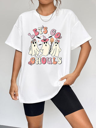 Round Neck Short Sleeve LET'S GO GHOULS Graphic T-Shirt - Closet of Ren