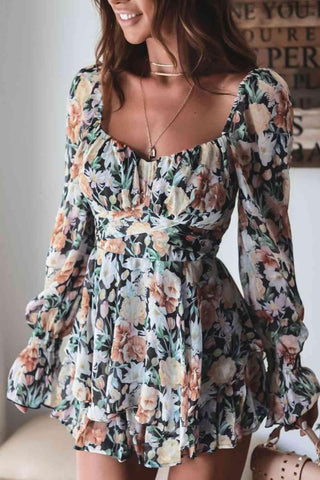 Floral Sweetheart Neck Flounce Sleeve Romper - Closet of Ren