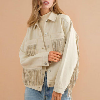 Fringe Detail Dropped Shoulder Denim Jacket - Closet of Ren