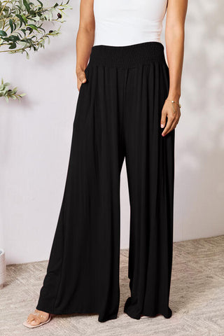 Double Take Smocked Wide Waistband Wide Leg Pants with Pockets