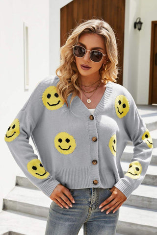 Smiley Face Ribbed Trim V-Neck Cardigan - Closet of Ren