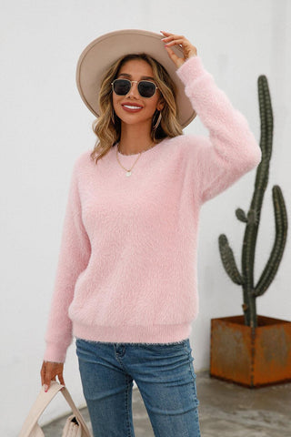 Dropped Shoulder Round Neck Fuzzy Sweater - Closet of Ren