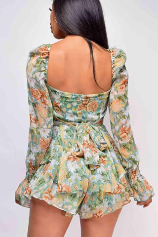 Floral Sweetheart Neck Flounce Sleeve Romper - Closet of Ren