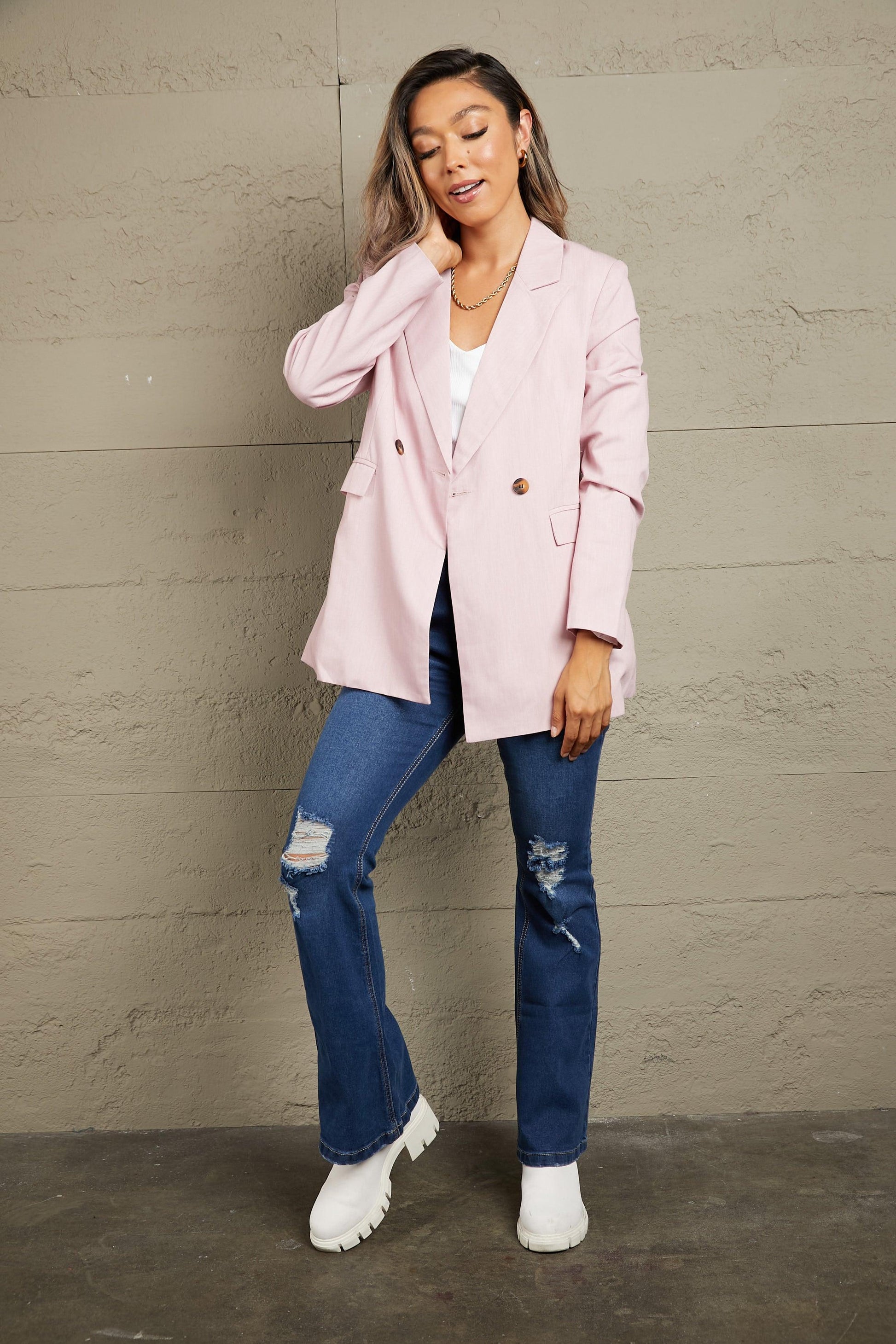 Double Take Double-Breasted Padded Shoulder Blazer with Pockets - Closet of Ren