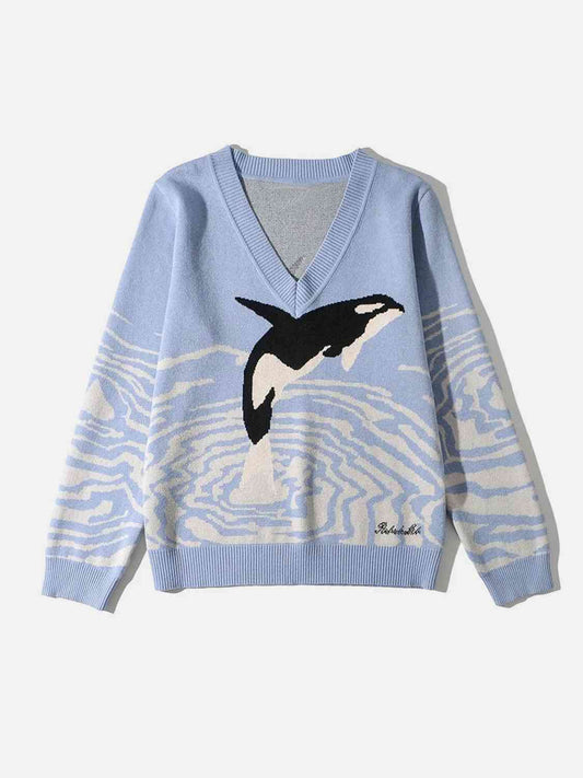 Orca Printed V-Neck Long Sleeve Pullover Sweater