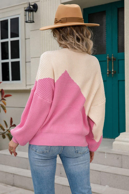 Two-Tone Round Neck Ribbed Sweater - Closet of Ren