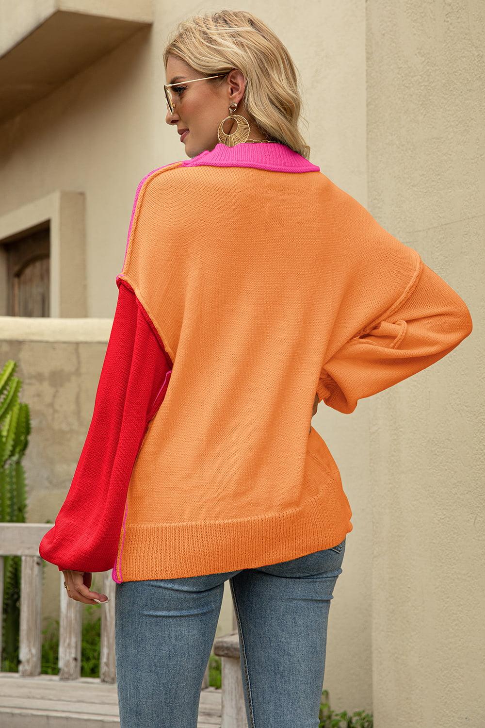 Color Block Round Neck Dropped Shoulder Sweater - Closet of Ren