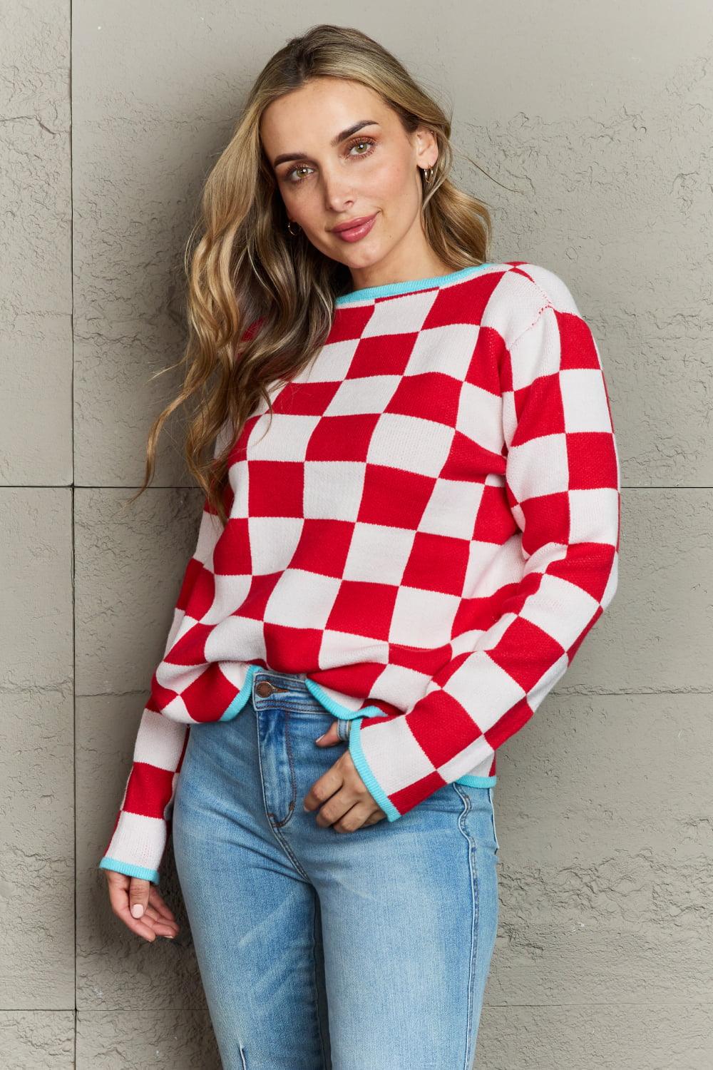 Checkered Round Neck Sweater - Closet of Ren