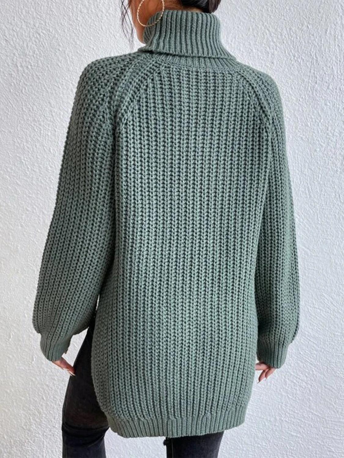 Full Size Turtleneck Rib-Knit Slit Sweater - Closet of Ren