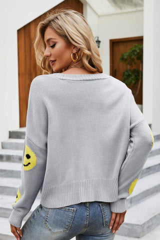 Smiley Face Ribbed Trim V-Neck Cardigan - Closet of Ren