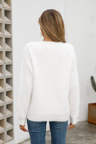 Dropped Shoulder Round Neck Fuzzy Sweater - Closet of Ren