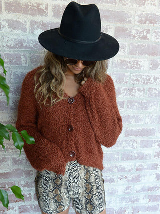 V-Neck Button Up Long Sleeve Fuzzy Cardigan