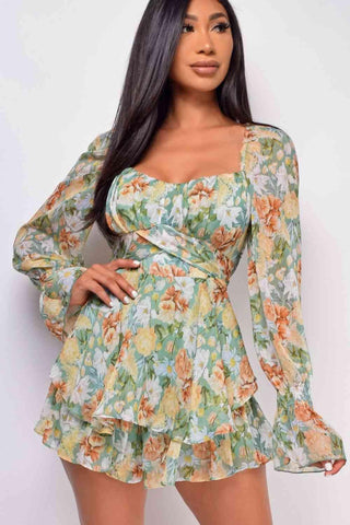 Floral Sweetheart Neck Flounce Sleeve Romper - Closet of Ren