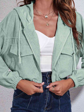 Drawstring Hooded Cropped Zip Up Jacket with Pockets | Multiple Color Options