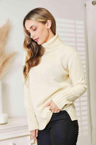 Heimish Full Size Long Sleeve Turtleneck Sweater with Side Slit - Closet of Ren