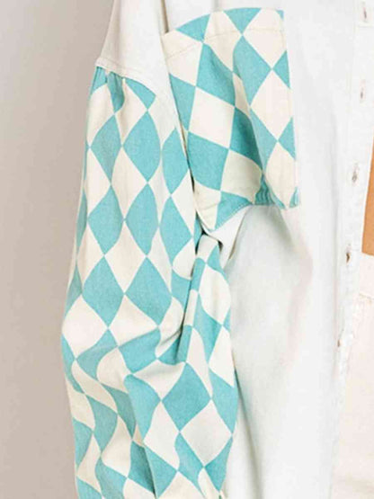 Geometric Checkered Sleeve Raw Hem Denim Jacket