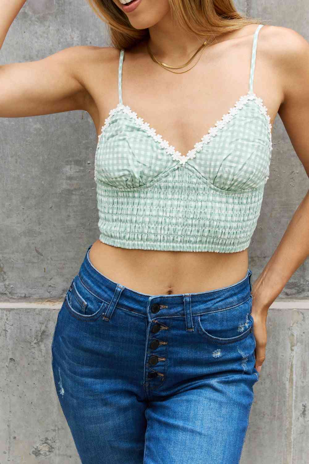 Gingham Daisy Trim Smocked Bustier in Sage by Leto Accessories