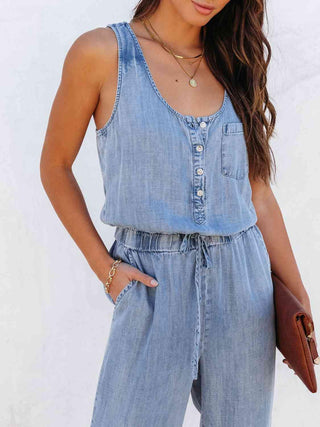 Drawstring Waist Sleeveless Denim Jumpsuit | Multiple Color Options - Closet of Ren