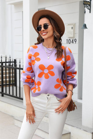 Floral Print Round Neck Dropped Shoulder Pullover Sweater - Closet of Ren