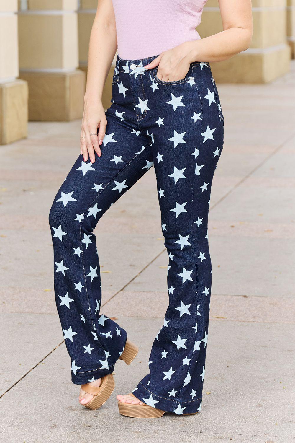 Judy Blue Janelle Full Size High Waist Star Print Flare Jeans - Closet of Ren