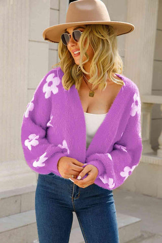 Floral Open Front Fuzzy Cardigan - Closet of Ren