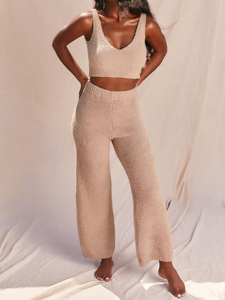 Fuzzy V-Neck Cropped Tank and Pants Set | Multiple Color Options