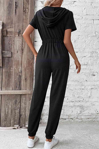 Zip-Up Short Sleeve Hooded Jumpsuit with Pockets - Closet of Ren