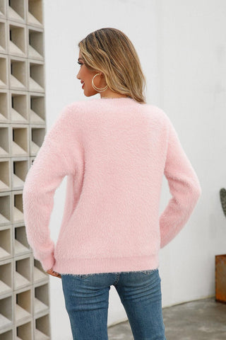 Dropped Shoulder Round Neck Fuzzy Sweater - Closet of Ren