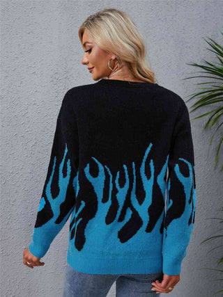 Flame Design Printed Round Neck Long Sleeve Sweater