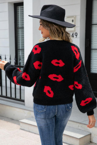 Printed Round Neck Long Sleeve Fuzzy Sweater - Closet of Ren