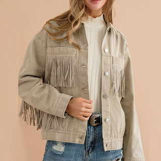 Fringe Detail Dropped Shoulder Denim Jacket - Closet of Ren