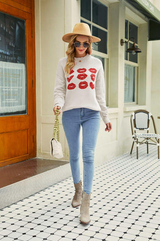 Woven Right Lip Graphic Slit Dropped Shoulder Sweater - Closet of Ren