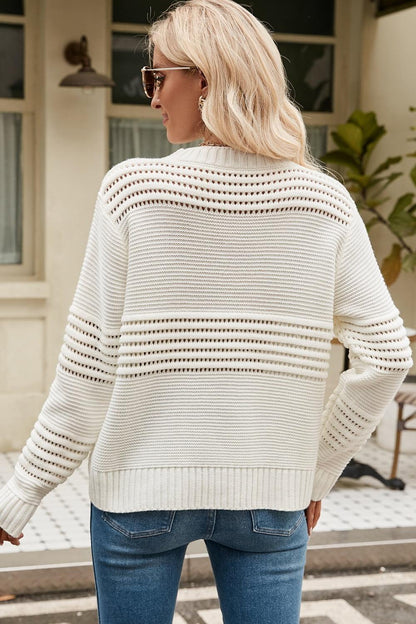 Round Neck Openwork Long Sleeve Pullover Sweater - Closet of Ren