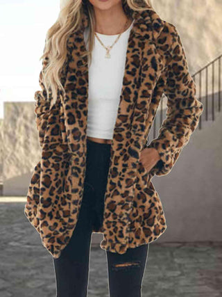 Leopard Collared Neck Coat with Pockets - Closet of Ren